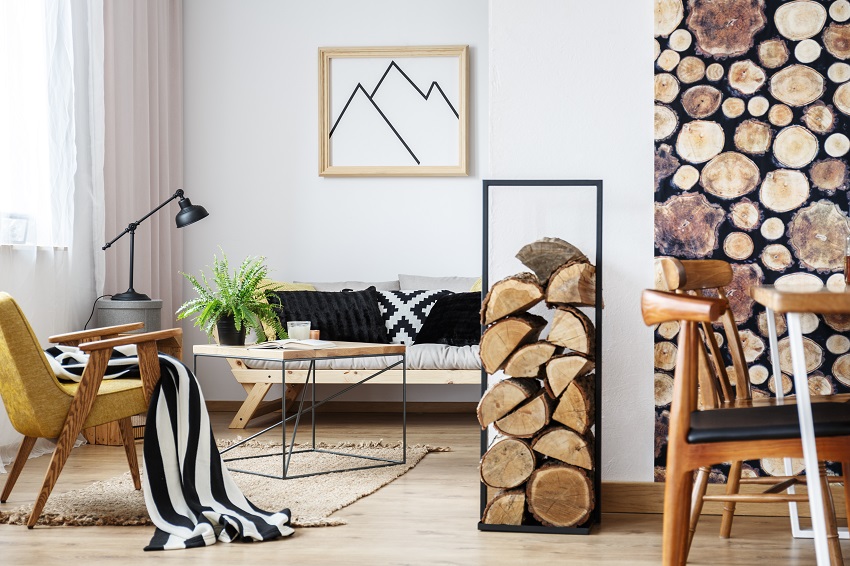 Cozy winter interior design with wood chairs